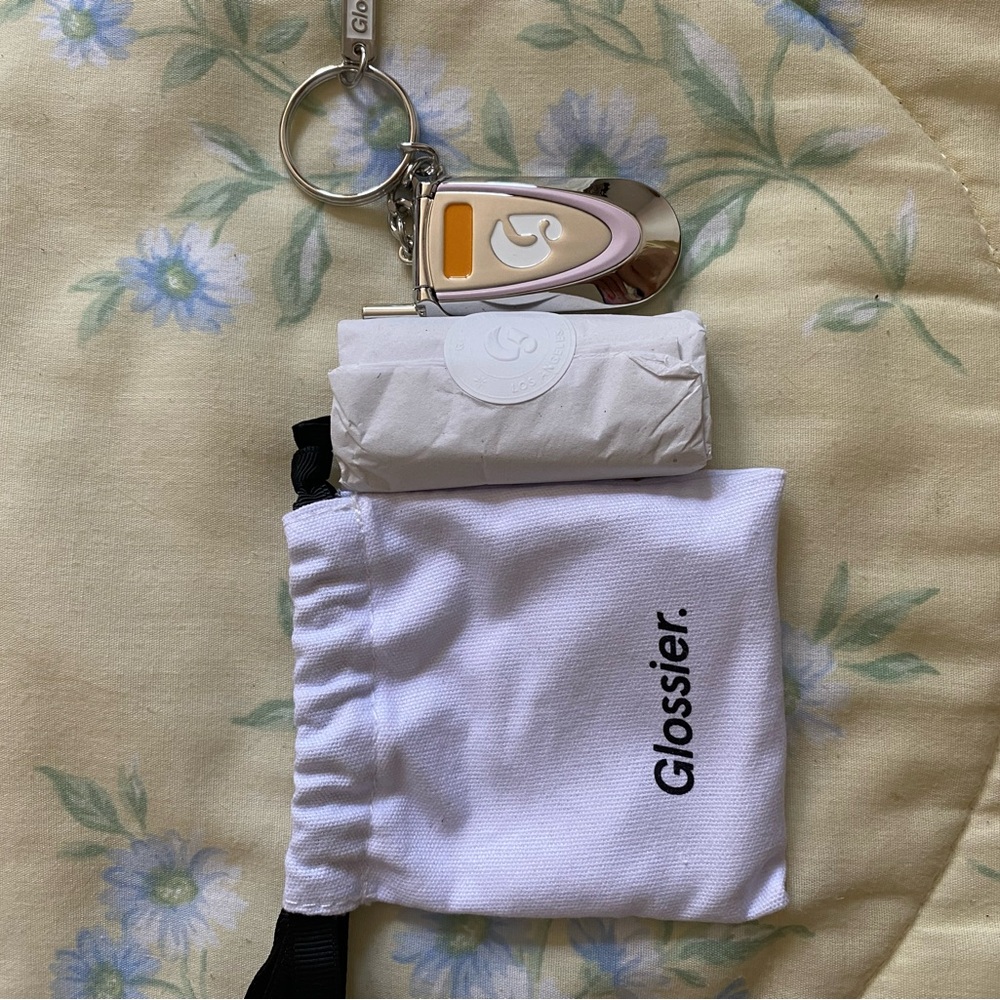 Glossier White Pouch with Silver Keychain